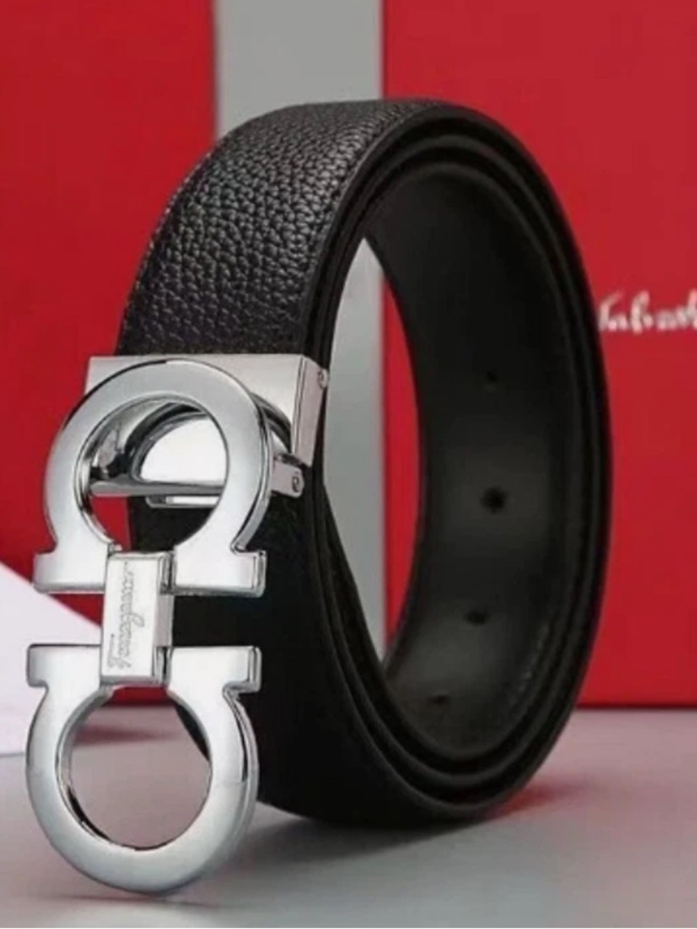 Salvatore Ferragamo Black Leather Gancio Buckle Belt with Silver Hardware